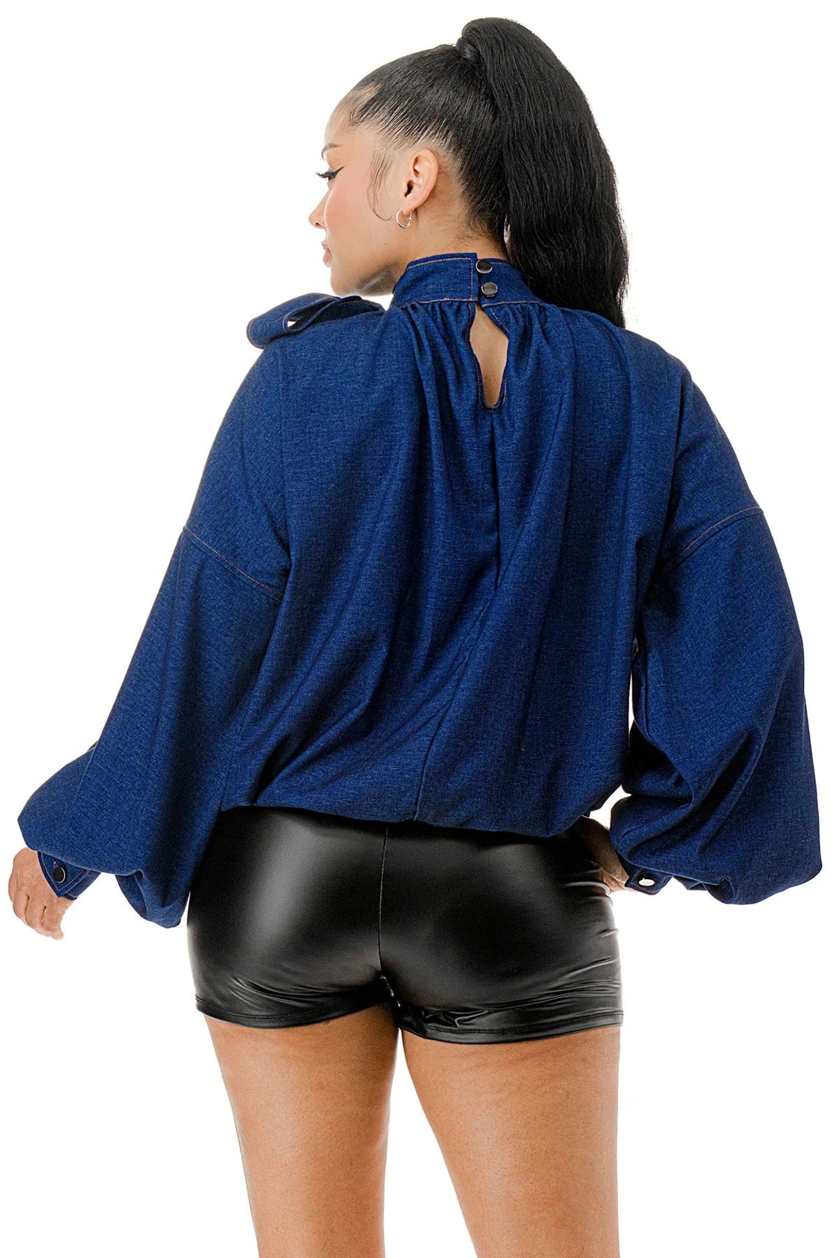 Mock Neck with Tie Puff Long Sleeve Bubble Hem Denim Blouse Top {fits oversized}