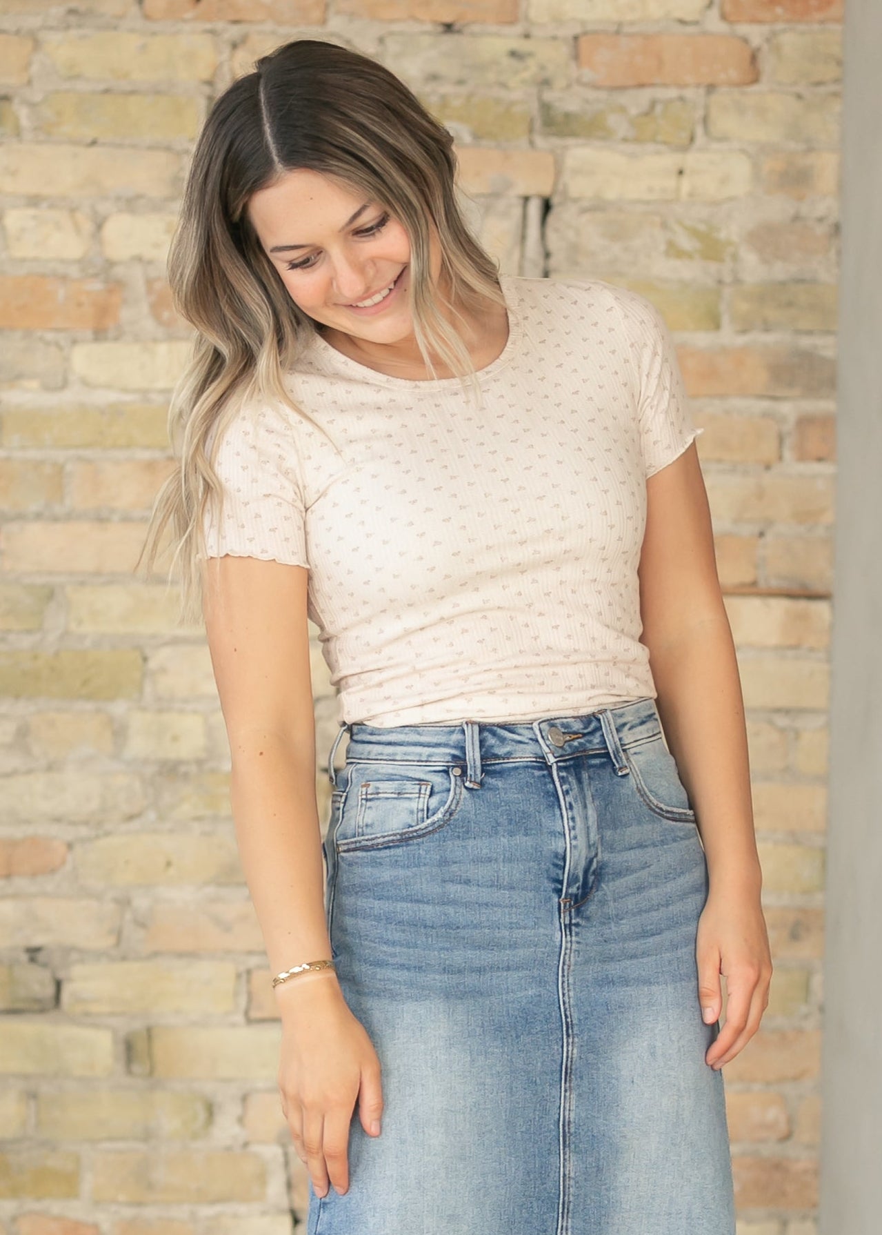 Larza Taupe Floral Lettuce Hem Top