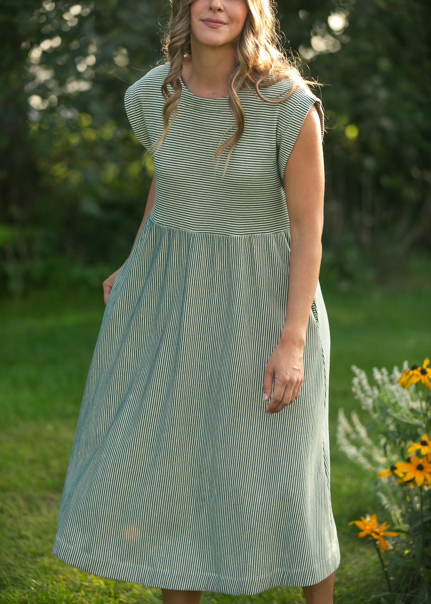 Olivia Green A-line Striped  Midi Dress