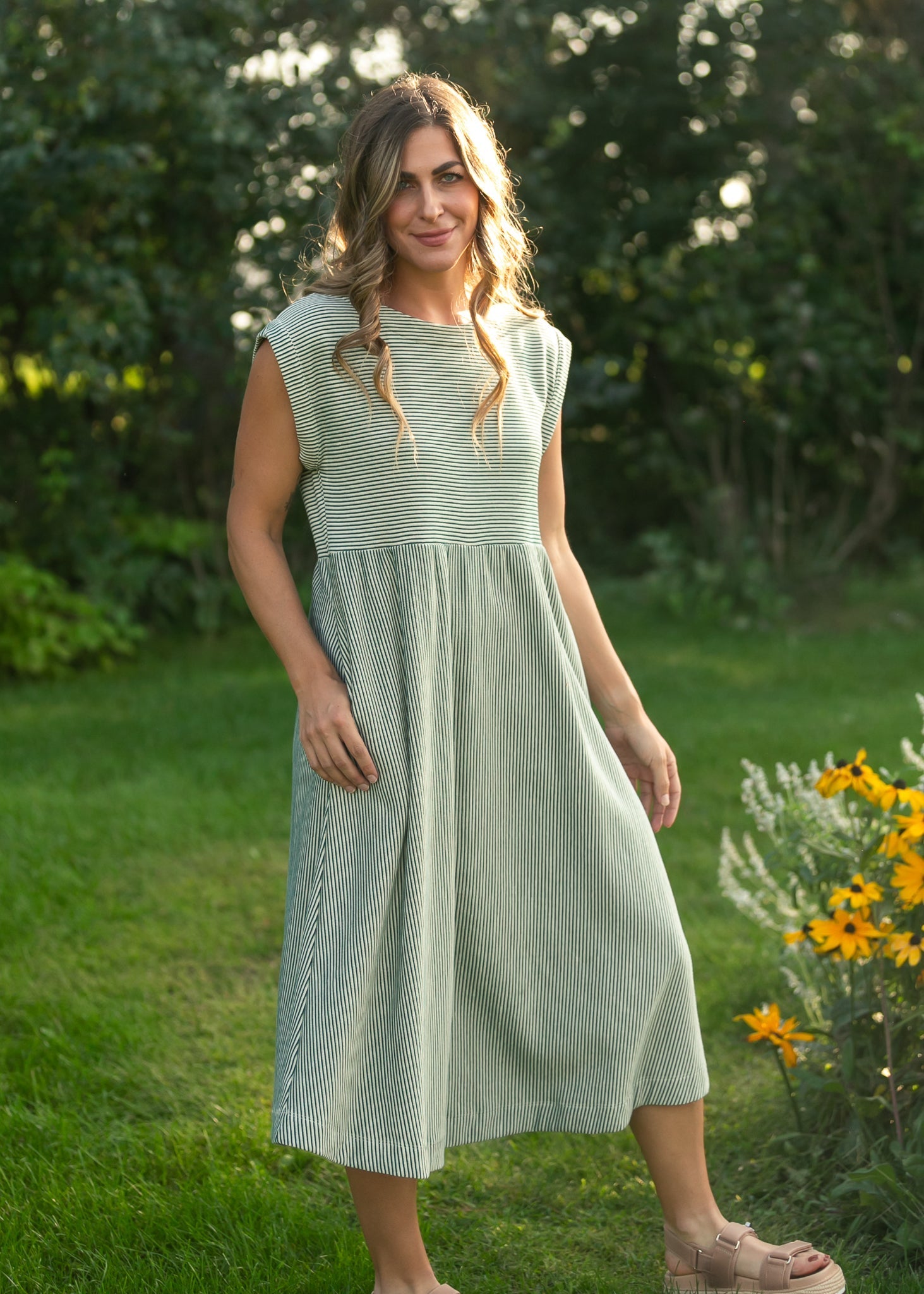 Olivia Green A-line Striped  Midi Dress